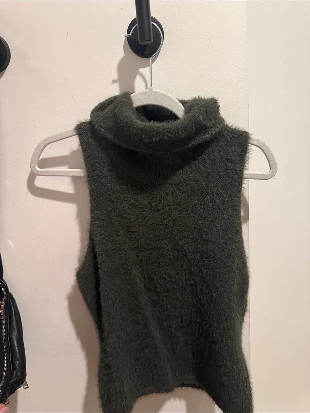 Fuzzy Sleeveless Turtleneck Top in Dark Olive